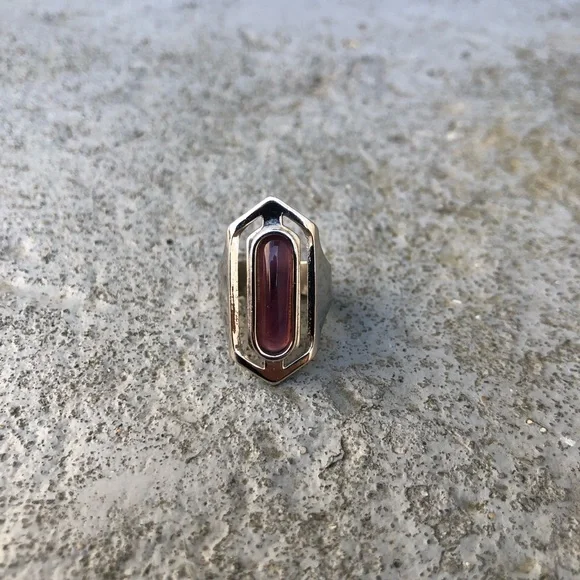 Silver Elongated Hexagon Ring with Peach Stone - Picture 8 of 15